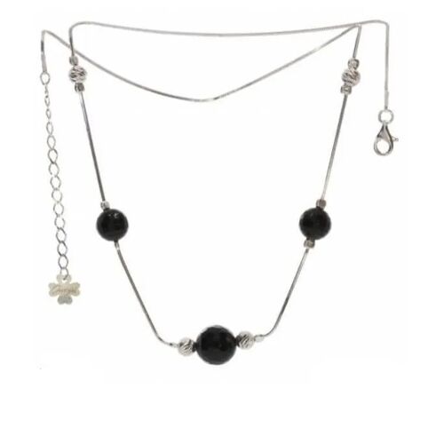 Collier - Bijouxia - Onyx Véritable - Argent Massif 925 - Rhodié - 3 Perles 10mm