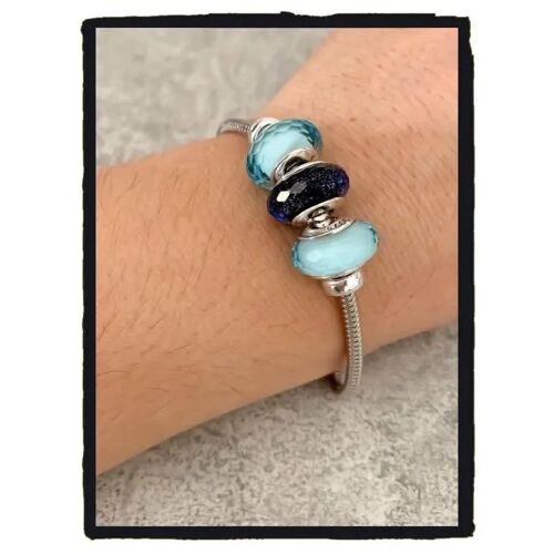 Bracelet - Bijouxia - Charms Perles Murano - Argent 925 - Longueur Réglable 18-21 Cm - Dégradé De Bleu