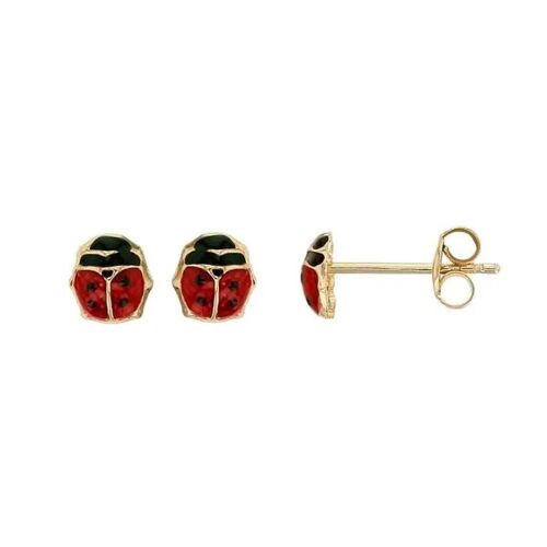 Boucles D'oreilles - Bijouxia - Coccinelles Émail Rouge - Or 18 Carats - Fermoir Tiges Poussettes - 0,35g