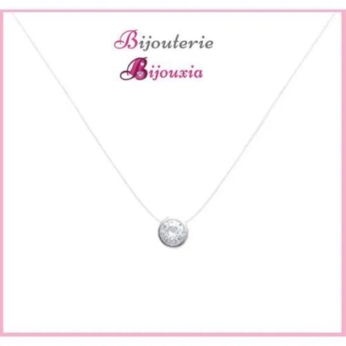 Collier - Argent Massif 925 - Pendentif Rond - Cristal Oxyde De Zirconium - Nylon - 1,10g