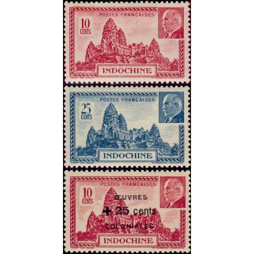 Indochine, Colonie Française 1941 / 1945, Très Beaux Timbres Neufs** Luxe Yvert 222 223 295, Philippe Pétain Et Temples D'Angkor. Le 295 Est Avec Une Surtaxe En Surcharge Pour Les Oeuvres Coloniales.