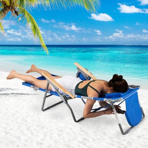 Costway Chaise De Plage Pliante 3 En 1 Avec Trou Pour Le Visage Repose-Pieds Dossier Réglable Oreiller Fauteuil Inclinable Portable Bleu