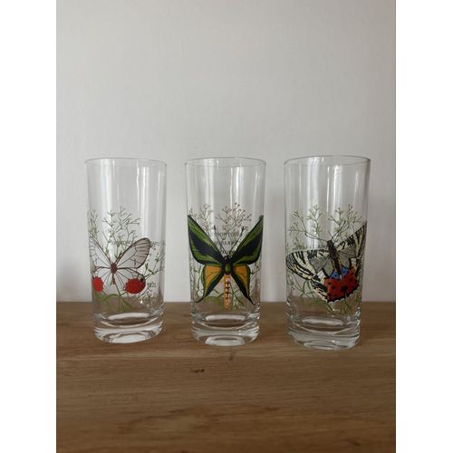 Vintage Lot De 3 Verres Papillons Du Monde