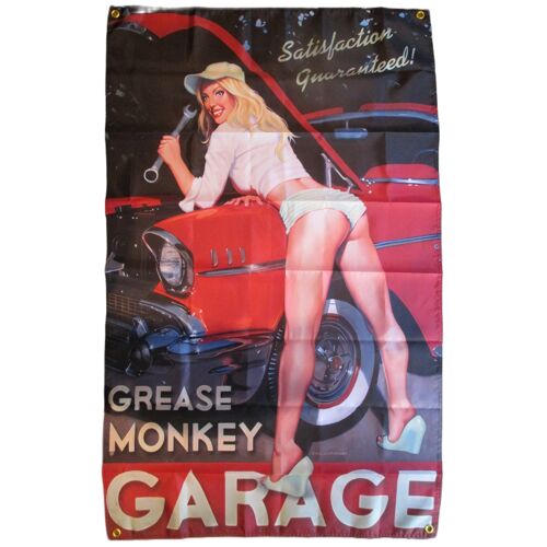 Grand Drapeau Vintage "Grease Monkey Garage" - Décoration Pin-Up Rétro - 150x90 Cm