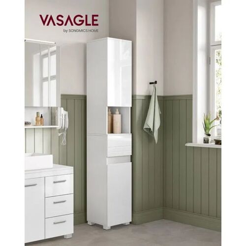 VASAGLE Armoire de Salle de Bain, Colonne, avec Tiroir, Étagères Réglables, Compartiments, 30 x 30 x 170 cm, Blanc