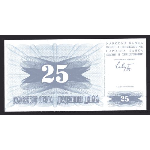 Billet De Banque Bosnie Herzegovine 25 Dinara 1992 Pick 11 Neuf Unc Dimension 145 × 73 Mm
