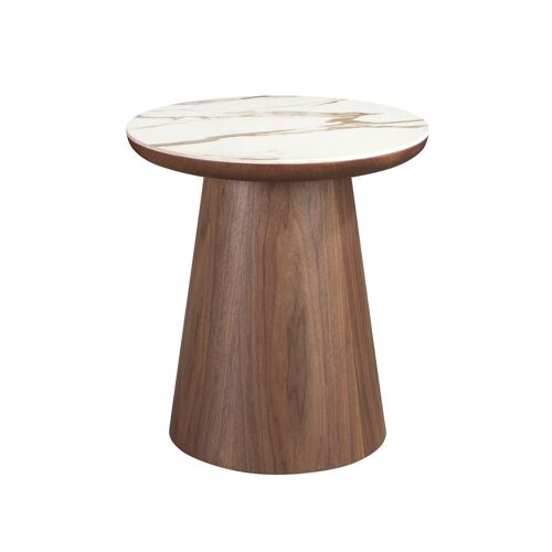 Ángel Cerdá - Table d’appoint ronde avec plateau en marbre porcelanique blanc à veines couleur terre et structure en bois plaqué noyer naturel - Design moderne, élégant et fonctionnel - 49 x 50 cm
