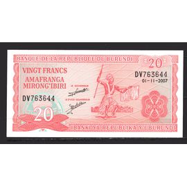 Billet De Banque Burundi 20 Francs 2007 Pick 27 Dimension 129 × 64 Mm