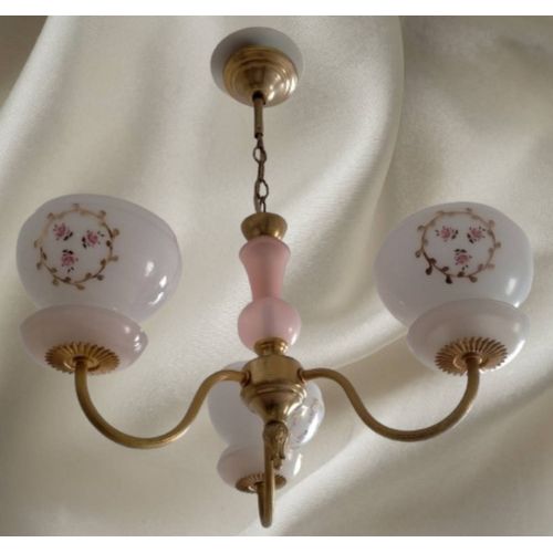 Charmante Suspension Laiton En Opaline Rose Et Blanche Trois Feux Opaline Rose Motif De Fleurs  Off
