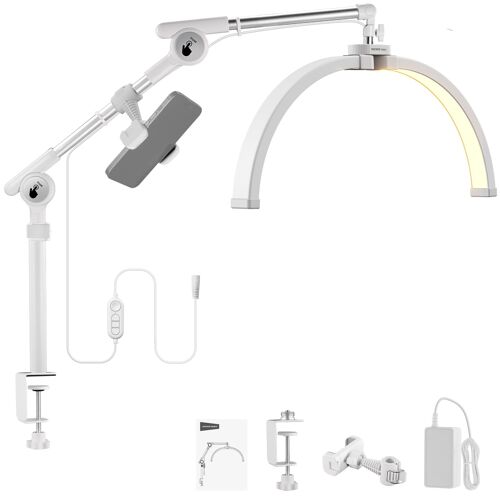 NEEWER BASICS Lampe de Table Demi-lune 55cm avec Support de Téléphone et Pince de Bureau Articulée, Lampe LED Pliable 32W pour Nail Art, Maquillage, Tatouage, Enregistrement Vidéo, HM03-D