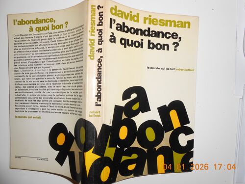 David Riesman L' Abondance À Quoi Bon? Robert Laffont Traduit De L'Américain 1969 378 Pages