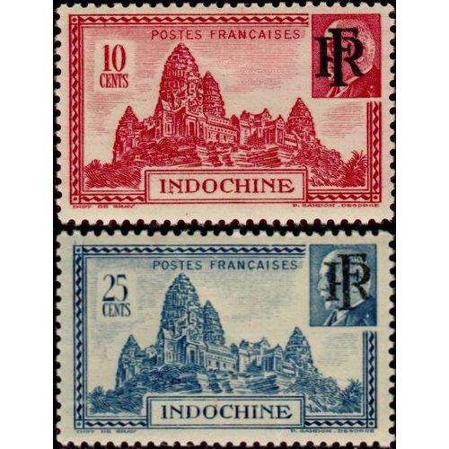 Indochine, Colonie Française 1946, Beaux Timbres Neufs**/* Yvert 299 Et 300, Temples D'Angkor - Exemplaires De 1943 Surchargés "Rf" Sur Le Portrait De Philippe Pétain.
