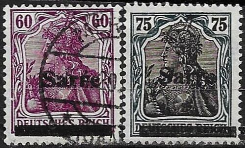 Allemagne, Lande De Sarre Sous Occupation Française 1920, Beaux Timbres Oblitéré / Neuf* Sans Gomme Yvert 14 Et 15, Types Germania Surchargés "Sarre".