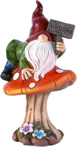 Mevronisshop-Nain De Jardin Décoratif Sur Champignon En Résine - Jolie Plaque De Bienvenue Pour La Maison Et Le Jardin - 10,5 X 8 X 17,5 Cm - Décoration Parfaite Pour Les Amateurs De Nains (Plaque De