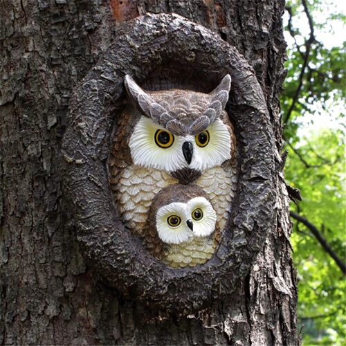 Mevronisshop-Statues De Jardin En Forme De Chouette - Décoration D'extérieur - Fausse Chouette Maman Et Bébé Pour Effrayer Les Oiseaux - Décoration En Résine - Décoration De Jardin - Cadeau De Pendai