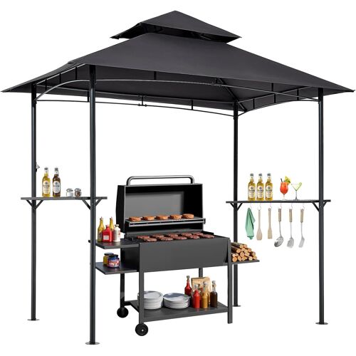 MEVRONISSHOP-Gazebo de Barbecue, 243 x 150 cm, Tonnelle de BBQ Extérieur avec Toit à 2 Niveaux, Abri de Barbecue de Patio en Acier à Revêtement de Poudre, pour Grillades, Fêtes, Pique-niques, Jardin,