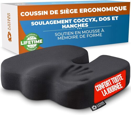 SUBZONAL-Coussin d¿Assise en Mousse à Mémoire de Forme, Coussin Coccyx Ergonomique pour Chaise de Bureau, Soulagement Sciatique & Lombaires ¿ Noir