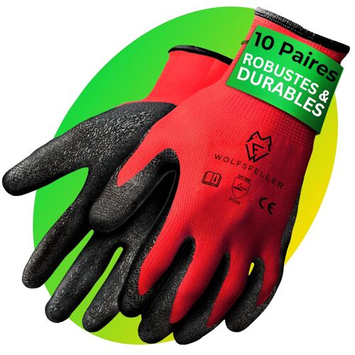 KALANKA-Lot de 10 Paires de Gants de Travail Robustes et Confortables | Gant de Travail Homme & Femme Taille 8 | Gant Jardinage Homme | Gants Mecanicien avec Revêtement en Latex