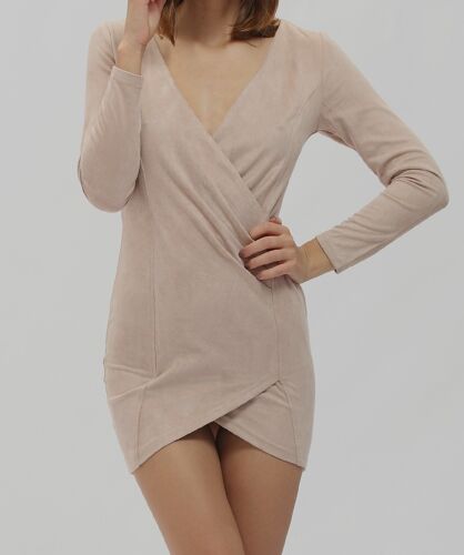 Élégante Robe Drapée Devant Croisé Décolleté Beige Taille 38/40 Idée Cadeau