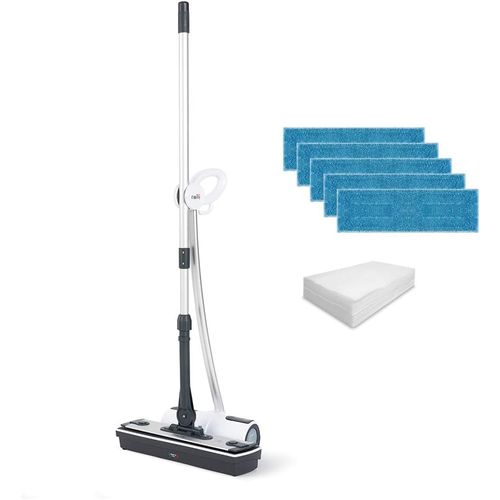 NouvelHorizonstore-Moppy White Premium, Nettoyeur Vapeur Sans Fil, pour Tous les Sols et Surfaces Verticales Lavables, Puissance 1500 W, Capacité du Réservoir 0,7 L, 25 Serpillères Incluses, Blanc