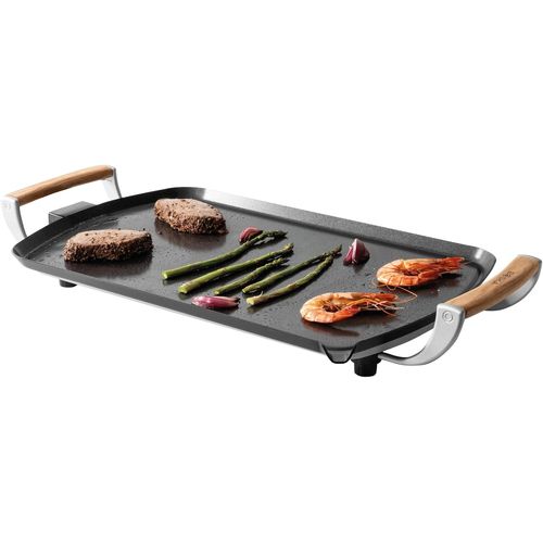 NouvelHorizonstore-Boska Plancha Électrique Pro ¿ Plaque Teppanyaki 35x56 cm ¿ Revêtement Céramique sans PFAS ¿ Thermostat Réglable ¿ Écoulement des Graisses ¿ Poignées en Chêne ¿ Noir