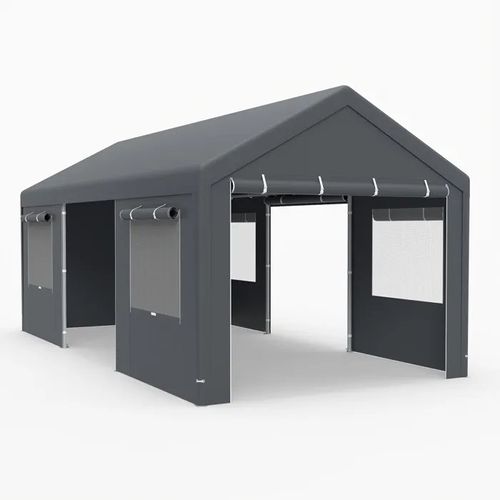 Abri De Rangement Pour Vélos 305 X 586 Cm Costway-Fenêtres Ventilées À Enroulement-Parois Latérales-Portes Amovibles-Bâche Pe-Gris