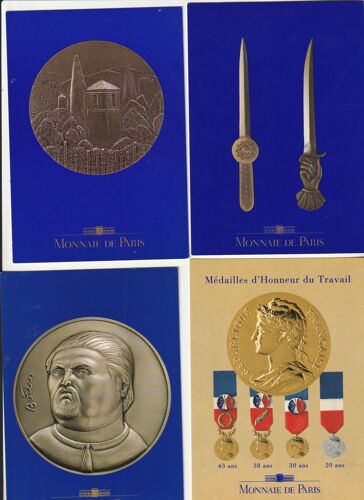 4 Cartes Postales - Les Médailles De La Monnaie De Paris - Botero - Puget - Coupe-Papier Legion D'Honneur Et Sabre Au Poing - Du Travail 20-30-38-43 Ans 105x150 Mm Recto Imprimé -