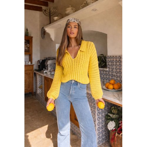 Pull Crochet Jaune Moutarde Fait Main Manches Ballon – Pièce Unique Vintage Bohème