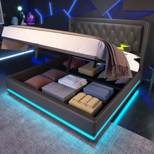 Lit double 140x200cm - PU noir, tête de lit USB-C, LED 3 faces, hydraulique (sans matelas)