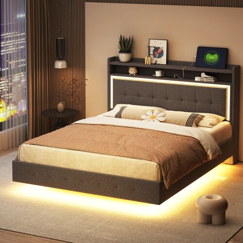 Lit double 140x200cm - USB/LED, tête de lit réversible, toile grise, design plat
