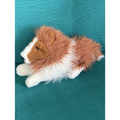 Doudou peluche chien colley marron et blanc allongé couchés  harlow salco vintage 23-33cm
