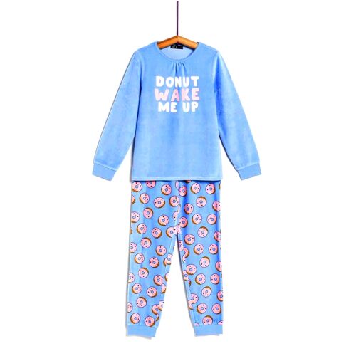 Pyjama 11/12 Ans Velours Peluche Detente Douillet Chaud Polo Et Pantalon Confort Nuit 2 Pieces Pull Haut Bas Séparé Tenue Repos Int Bleu Imprimé Gateau Rond Souple Tres Doux Donut Wake Me Up Tex