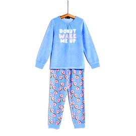 Pyjama 11/12 Ans Velours Peluche Detente Douillet Chaud Polo Et Pantalon Confort Nuit 2 Pieces Pull Haut Bas Séparé Tenue Repos Int Bleu Imprimé Gateau Rond Souple Tres Doux Donut Wake Me Up Tex