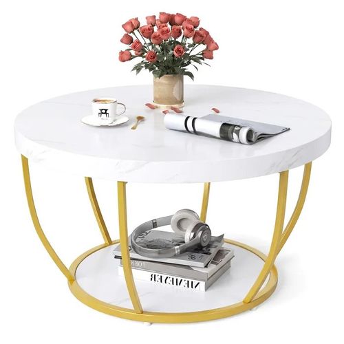 Table Basse Salon 80cm à 2 Niveaux COSTWAY, Cadre en Métal, Table Basse Bois de Cocktail, Table Ronde d'Appoint pour Chambre, Blanc