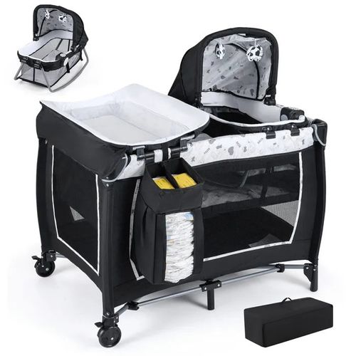 Lit Bébé Parapluie Avec Matelas 5 En 1 Costway-Berceau,Table À Langer--Jouets Suspendus,Boîte À Musique Lumineuse-Roulettes-Beige