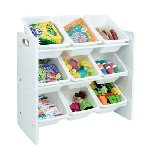 Étagère de Rangement Enfant avec 9 Bacs Amovibles ¿ Organiseur Jouets et Livres en Bois Blanc ¿ Meuble de Chambre