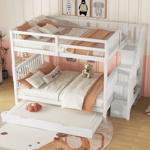 Lit superposé 140x200cm - escalier-étagère, lit roulant, barrière, blanc (certifié EN747-1)