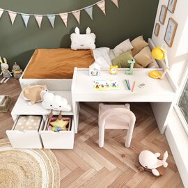 Lit enfant 90x200cm - bois massif, bureau & tiroirs, blanc, sommier, rangement (garçons/filles, sans matelas)