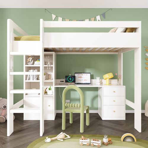 Lit mezzanine enfant 90x200cm - bureau/placard USB-C, escalier, sommier, rangement (sans matelas)