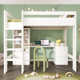 Lit mezzanine enfant 90x200cm - bureau/placard USB-C, escalier, sommier, rangement (sans matelas)