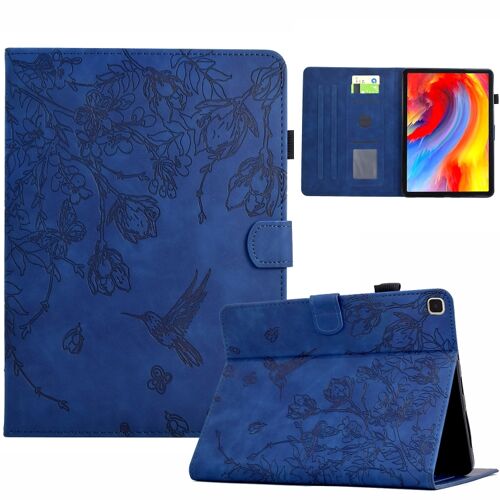 Étui en cuir intelligent embossé avec fleurs et oiseaux pour Samsung Galaxy Tab S6 Lite P610, Bleu foncé