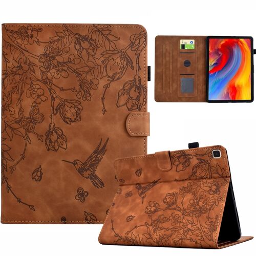 Étui en cuir intelligent embossé avec fleurs et oiseaux pour Samsung Galaxy Tab S6 Lite P610, Marron