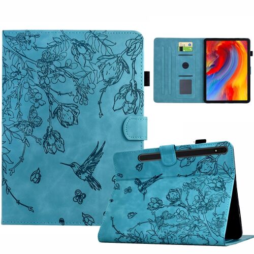 Étui en cuir intelligent embossé avec fleurs et oiseaux pour Samsung Galaxy Tab S7 / S8, Bleu clair