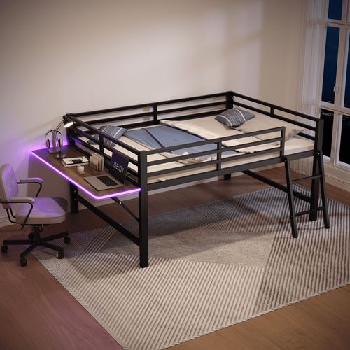 Lit plat 140x200cm - métal, bureau/échelle, LED télécommandé, noir (sans matelas)