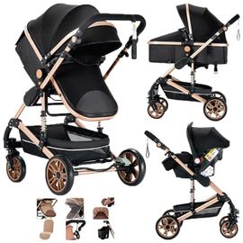 Poussette 3 En 1 Magic Zc Poussette Poussette Trio Poussette Cosy Voyage Jusqu'à 15kg 0-3ans Avec Grand Panier Paysage Élevé Noir Or