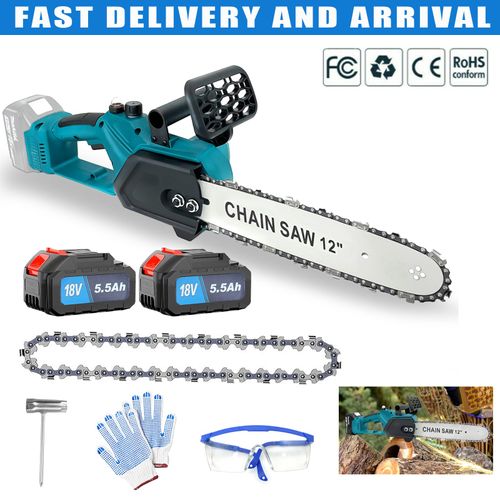 Scie électrique sans balais 650 W, tronçonneuse sans fil 12 pouces, avec deux batteries 5,5 Ah, pour l'élagage des arbres et la coupe de branches/bois (compatible avec les batteries Makita)