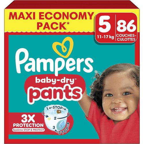 Pampers Baby-Dry Pants Taille 5, X 86 Couches-Culottes, 11kg-17kg, Maintien 360° Pour Aider À Éviter Les Bâillements Et Les Fuites