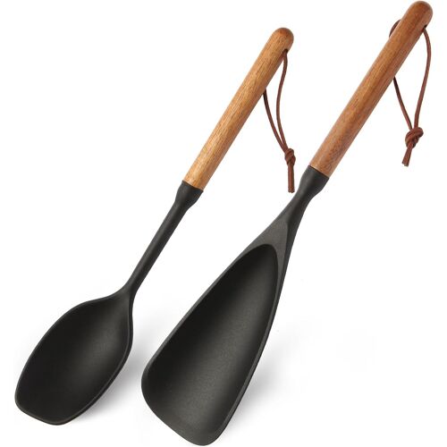 Ensemble De 2 Spatules-Cuillères En Silicone Avec Manche En Bois - Ustensiles De Cuisine Pour Poêles Antiadhésives, Pour Mélanger Et Servir - Résistantes À La Chaleur Et Flexibles
