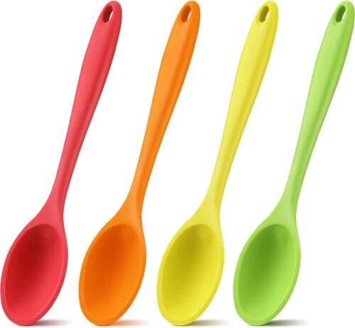 Lot De 4 Cuillères De Cuisine En Silicone De 27 Cm (10,6 Pouces), Résistantes À La Chaleur, Compatibles Lave-Vaisselle (Cuillères, Couleurs Vives)
