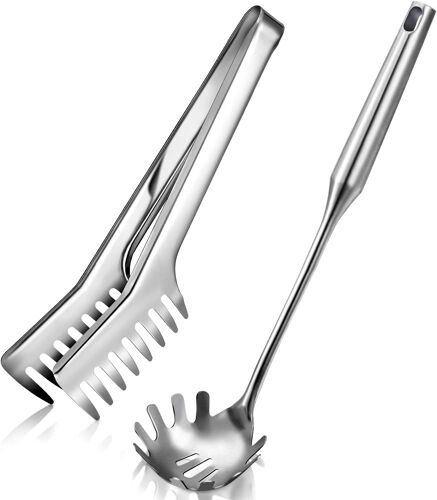 Lot De 2 Cuillères À Pâtes En Acier Inoxydable Avec Dents, Grande Cuillère À Spaghetti, Pince De 24 Cm Et Fourchette À Pâtes De 34,5 Cm Avec Poignée À Ventouse (Argenté)
